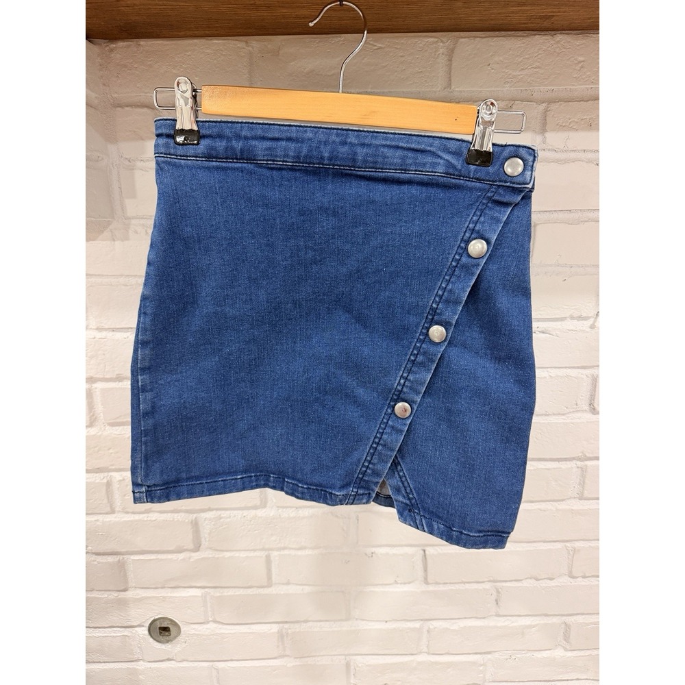 Free People We The Free Size 2 Notched Denim Snap Mini Skirt Blue Wrap‎ Y2K
